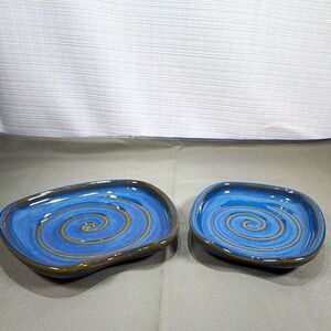PIC China 24D Blue Swirl Abstract Plates Blue White Gold Set of 2